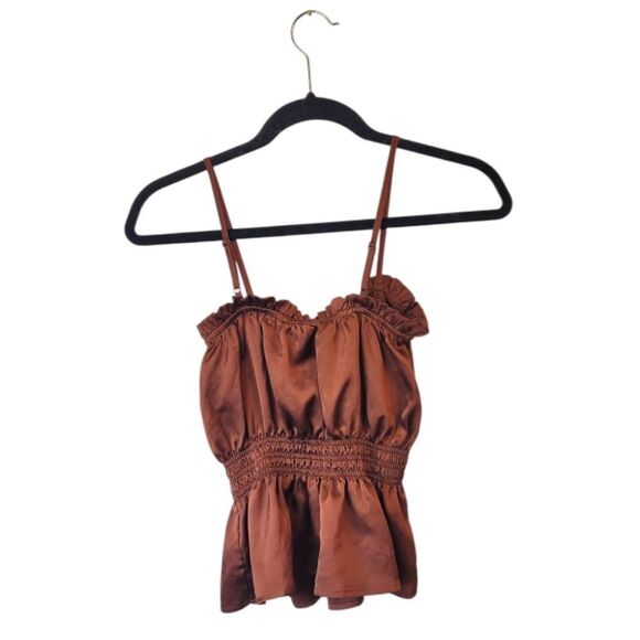 Mine Women's Brown Satin Smocked Crop Top Size S - Picture 2 of 6